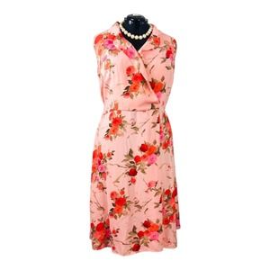 3875 Women's Peach Pink Floral Sleeveless Midi Easter Dress 18 Collared